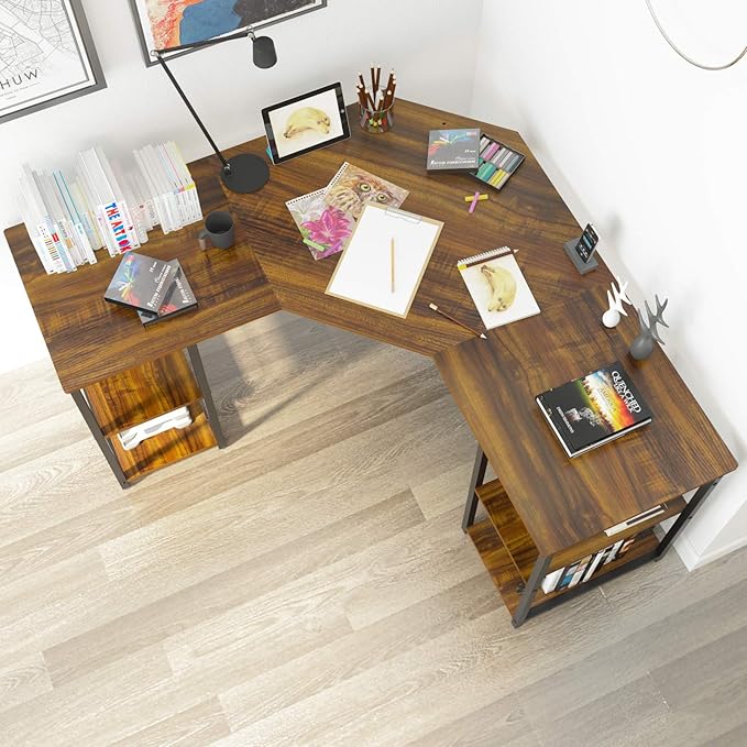 Elephance Large L-Shaped Computer Desk with Shelves, Corner Desk, Home Office Writing Workstation, Gaming Desk PC Latop Table with Storage