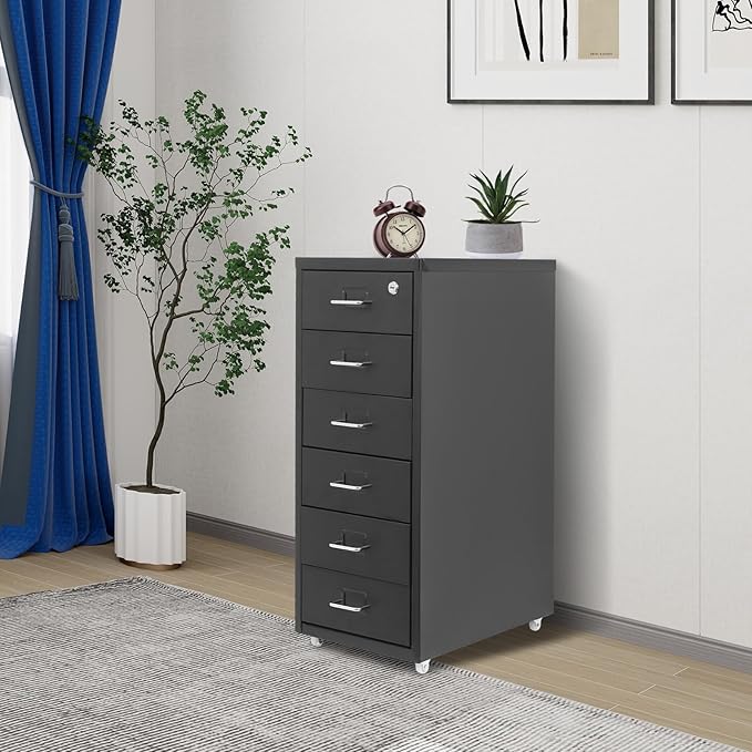 6 Drawer Vertical File Cabinet with Lock, Metal Movable Office Storage Cabinet, Under-Desk File Cabinet with Wheels, for Home Office Use (Black)