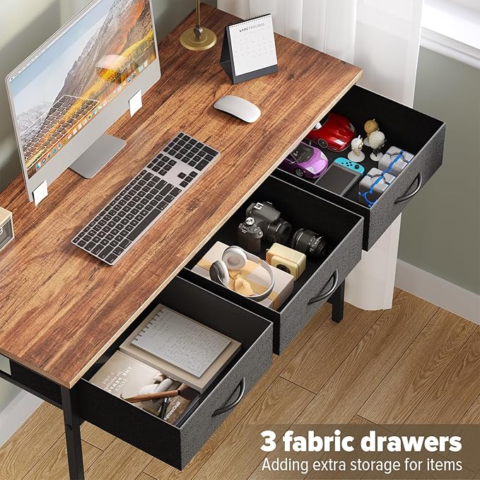 WOHOMO Computer Desk with Drawers, 39.3 Inch Small Vanity Desk with Storage, Home Office Bedroom Desk for Small Spaces, Modern Work Writing Study Gaming Tables, Rustic Brown