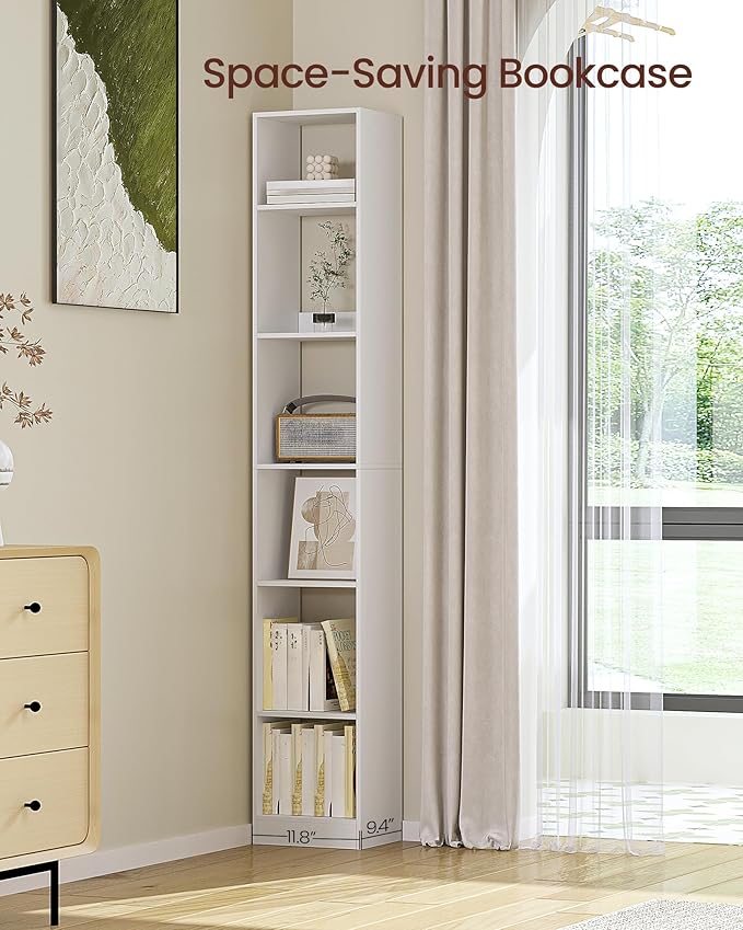Bookcase, Tall Narrow Bookshelf, Open Display Storage Shelf, Skinny Cube Book Shelf with Adjustable Shelves, CD Rack for Living Room, Home Office 6-Tier(9.4 x 11.8 x 72.5 inch) White BC09603X