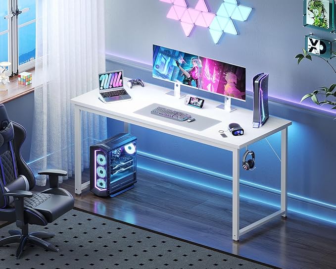 Casaottima 54 Inches Small Computer Desk, Work Study Table for Home Office, Kids Student Writing Desk with Headphone Hooks, White