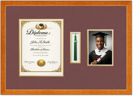 Diploma Tassel and Photo Shadowbox Fits 8.5 x 11 Certificate (Portrait) with Tassel Hook and Honey Oak Genuine Hardwood with Dark Red Over Metallic Gold Double mat