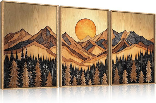 Ausril Woodcut Mountain Pine Tree Framed Canvas Wall Art Set of 3-24x36 Inch, Vintage Nature Forest Wilderness Landscape Print, Brown Boho Style Painting for Living Room, Bedroom, Office Decor