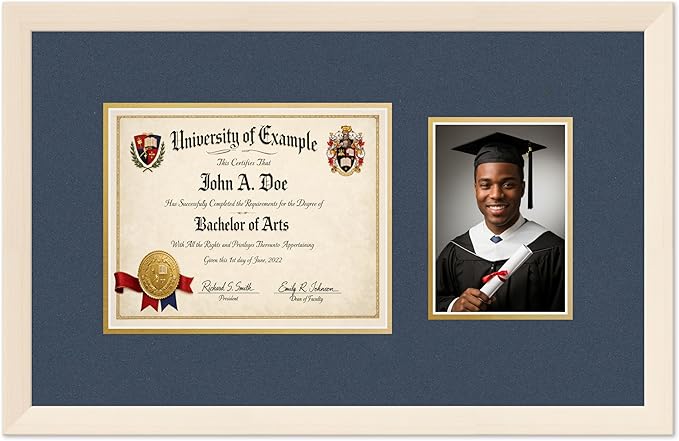CountryArtHouse Fits 10 x 8 Professional License and 5 x 7 Photo Diploma and Photo Frame Coastal Whitewash Genuine Hardwood with Navy Blue Over Metallic Gold Double mat