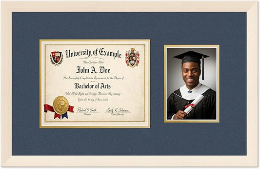 CountryArtHouse Fits 10 x 8 Professional License and 5 x 7 Photo Diploma and Photo Frame Coastal Whitewash Genuine Hardwood with Navy Blue Over Metallic Gold Double mat