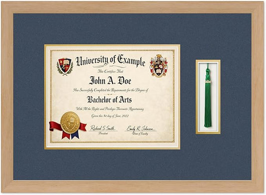 CountryArtHouse Diploma and Tassel Frame Fits 11 x 8.5 US Letter Certificate with Tassel Natural Wood Genuine Hardwood Shadowbox with Navy Blue Over Metallic Gold Double mat