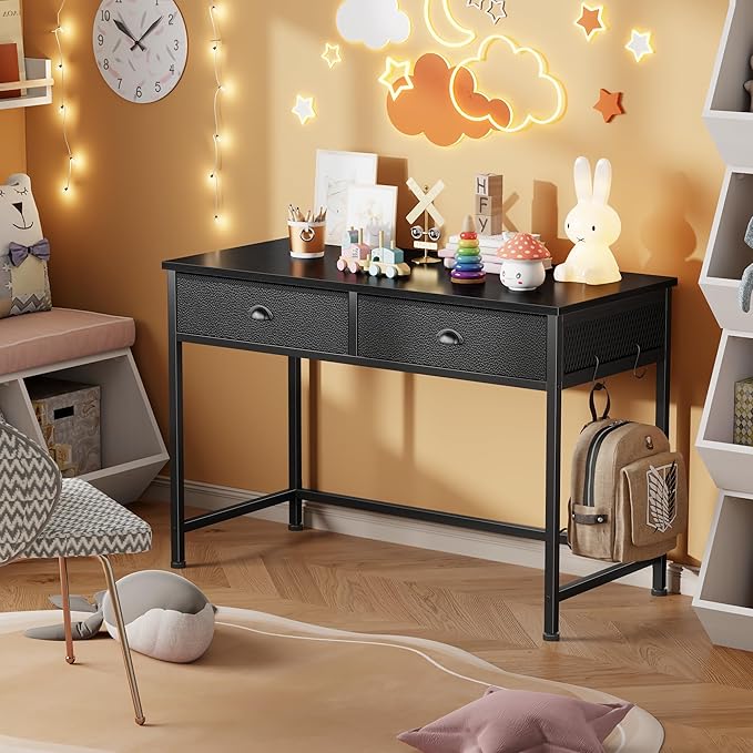 Furologee Small Computer Desk with 2 Fabric Drawers for Bedroom, 40 Inch Simple Home Office Desk for Small Space, Study Work Writing Table with Hooks for Kids Student, Black
