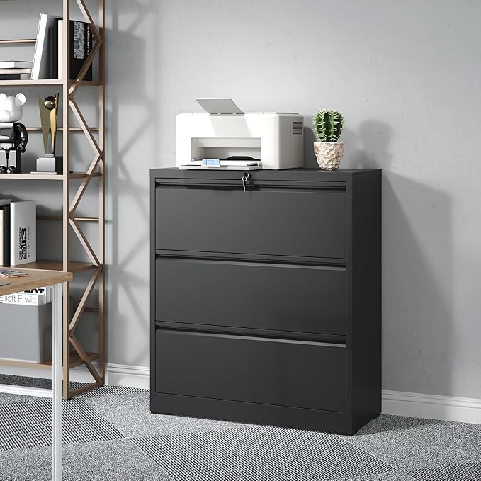 3 Drawer File Cabinet,Metal Lateral Filing Cabinet with Lock,Home Office Storage Organizer Cabinet for Legal/Letter/A4/F4 Size Files,35.5" W,Black