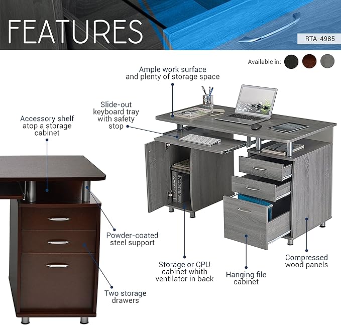 Techni Mobili 47.25" Ergonomic Computer Writing Desk with Drawers, File Cabinet and Storage for Home Office, Espresso