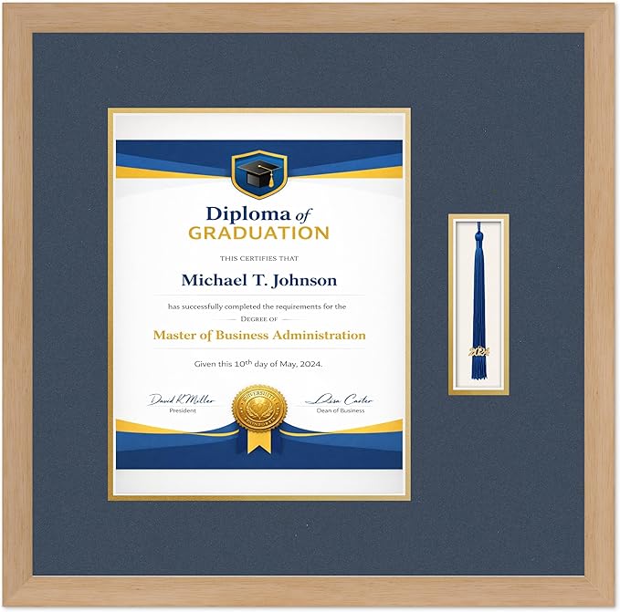 Diploma Frame with Tassel Holder Natural Wood Shadowbox Navy Blue Over Gold Mat - Fits 10 x 13 Degree Made in the USA