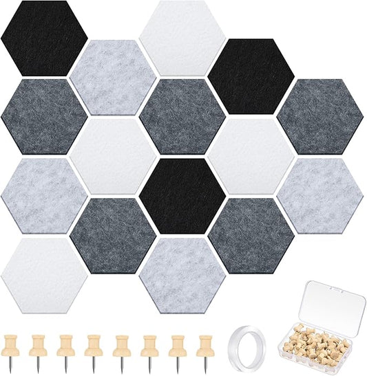 16 Pcs Hexagon Cork Board for Walls with 50 Wooden Push Pins 6.7 x 5.9 in Felt DIY Tiles Notice with Nano Tape Hanging Bulletin Board for Home Photo Office Memo Note(Grey)