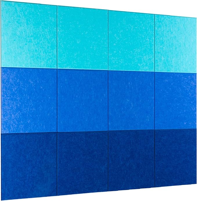 Bulletin Board 40x30in, 12 Count 9.8 x 9.8in Felt Wall Tiles with Removable Adhesive Tape, Cork Board Alternative for Walls, Kids Art Display, Colored Cork Board Tiles (Blue Ombre Collection)