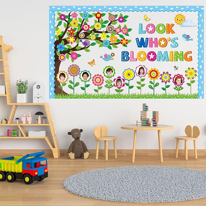 Spring Bloom Flower Bulletin Board Set Look Who’s Blooming Classroom Decorations Spring Tree Growth Mindset Photo Posting Paper Cutouts for Class School Office Nursery Home Chalkboard Door Wall Decor