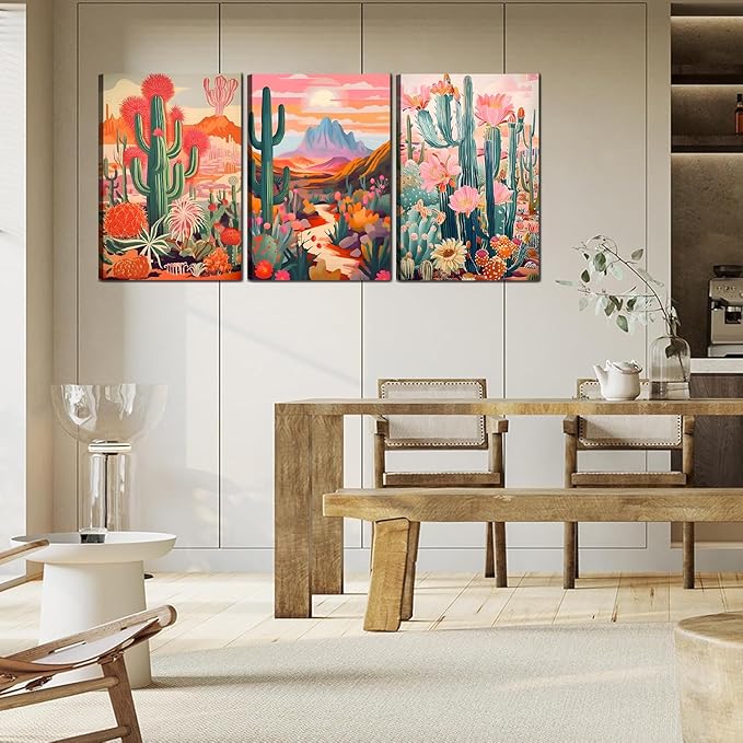 Framed Cactus Canvas Wall Art Green Pink Orange Plant Floral Wall decoration pictures Colorful Southwestern Rustic Painting Desert Landscape Poster Prints for Living Room Bathroom Bedroom 16inx24in