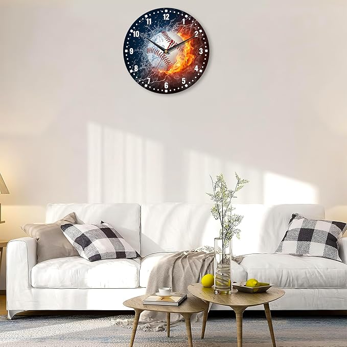SPUNKER Wall Clocks,Baseball Wall Clocks,USA Sport Fire Water Battery Operated Wall Clock Silent Non-Ticking Decorative for Home Kitchen Bathroom Living Room Bedroom Office 10 Inch