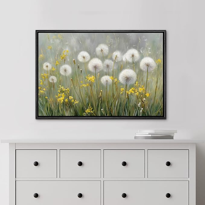 MUDECOR Framed Canvas Print Wall Art Dandelions and Yellow Wildflowers Illustrations Minimalism Decorative Relax Colorful for Living Room, Bedroom, Office - 16"x24" Black