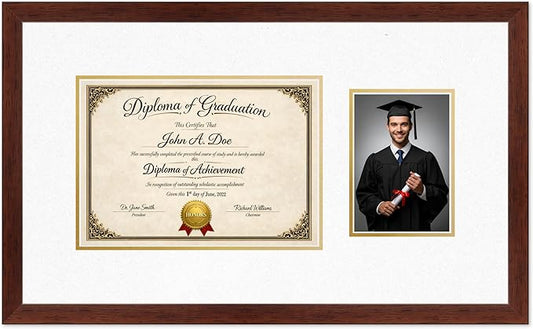 Diploma Frame With Photo Opening Rustic Walnut Oyster Shell Over Gold Mat - Fits 11.69 x 8.27 Degree and Picture Made in the USA