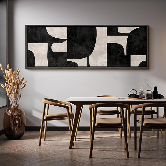 SIGNFORD Large Framed Canvas Black and Beige Geometric Abstract Mid-Century Illustrations Modern Art Calm Warm for Living Room, Bedroom, Office - 60"x20"