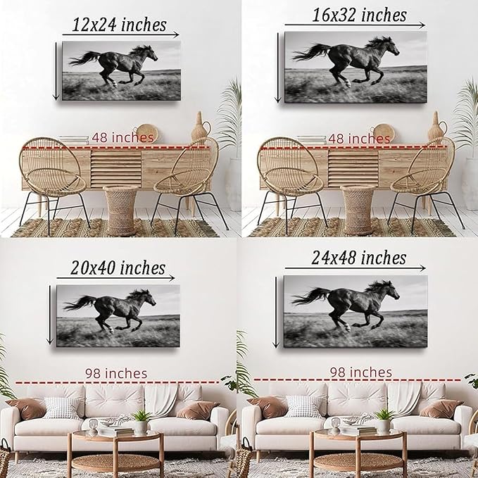Black White Running Horse Framed Canvas Wall Art for Office, Animal Wall Decor 32" L x 16" W
