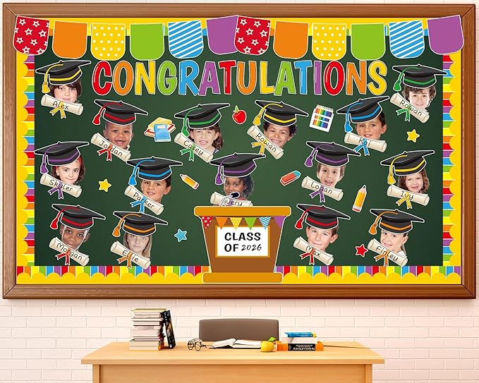 gisgfim Graduation Bulletin Board Decorations Set Congratulations Grad Paper Cutouts Graduation Cap DIY Photo Crafts Bulletin Board Decor for Class of 2026 School Classroom Blackboard Chalkboard Wall