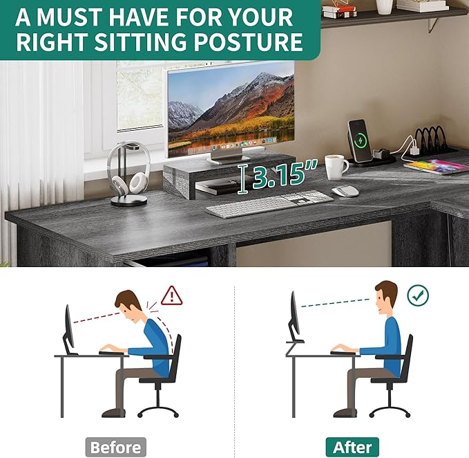 YITAHOME L Shaped Desk with Power Outlets, 60 Inch Computer Desk Corner Desk with File Drawer, Home Office Desk with Monitor Stand & Storage Shelves, L-Shaped Desk with File Cabinet, Grey