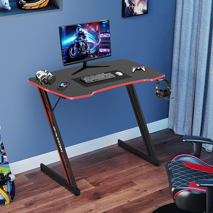 Gaming Desk 35 Inch Z-Shaped Gaming Computer Desk Modern Ergonomic PC Computer Table Home Office Desk Racing Style Gaming Workstation with Headphone Hook, Red