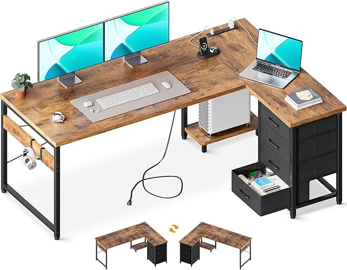 AODK L Shaped Gaming Desk with 4 Drawers, 61" Reversible Home Office Desks with Power Outlets, L Shaped Computer Desk with USB Charging Port and Host Stand, Corner Desk, Easy to Assemble, Vintage
