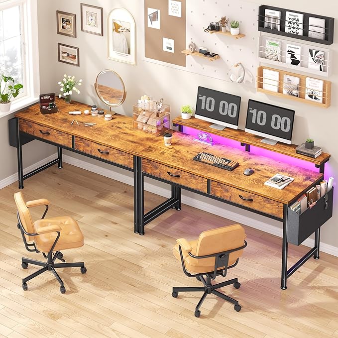 47.3Inch Office Computer Desk with LED Lights & 2 Fabric Drawers, Gaming Desk with Side Pocket & Ergonomic Monitor Stand, Small Space Study Writing Table with Anti-Tip Design, Rustic Brown