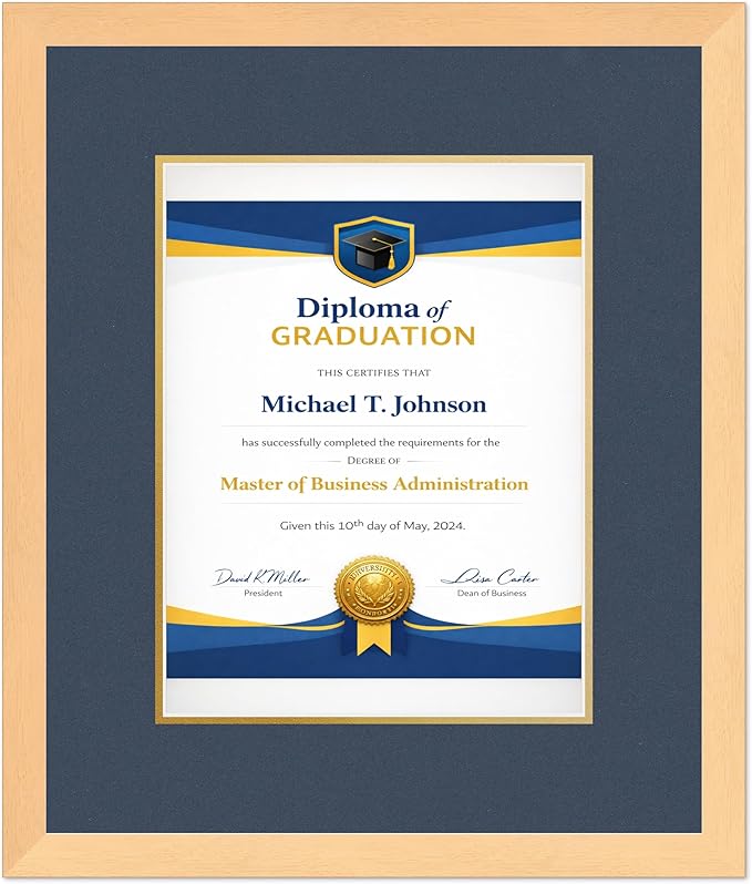 Diploma Frame Natural Wood with Navy Blue Over Gold Double Mat - Fits 10 x 13 College Diploma (Portrait Traditional) Wall Display Made in the USA