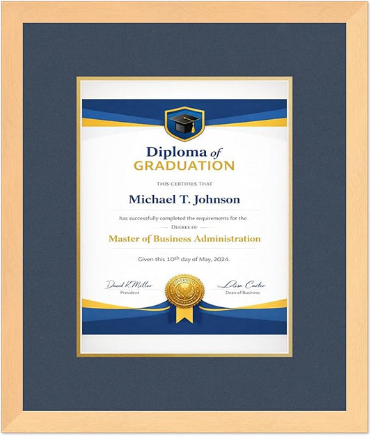 Diploma Frame Natural Wood with Navy Blue Over Gold Double Mat - Fits 10 x 13 College Diploma (Portrait Traditional) Wall Display Made in the USA