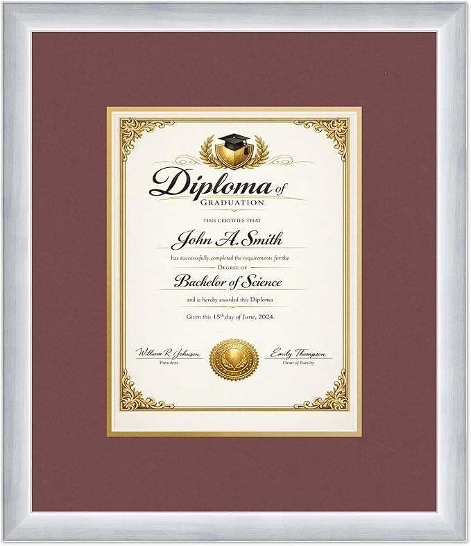 CountryArtHouse Diploma Frame Fits 8.5 x 11 Certificate (Portrait) - Keepsake Graduation Display Stainless Silver Genuine Hardwood with Dark Red Over Metallic Gold Double mat