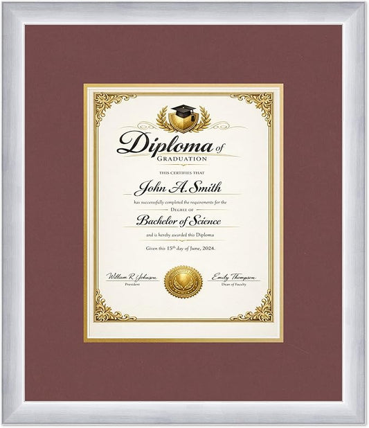 CountryArtHouse Diploma Frame Fits 8.5 x 11 Certificate (Portrait) - Keepsake Graduation Display Stainless Silver Genuine Hardwood with Dark Red Over Metallic Gold Double mat