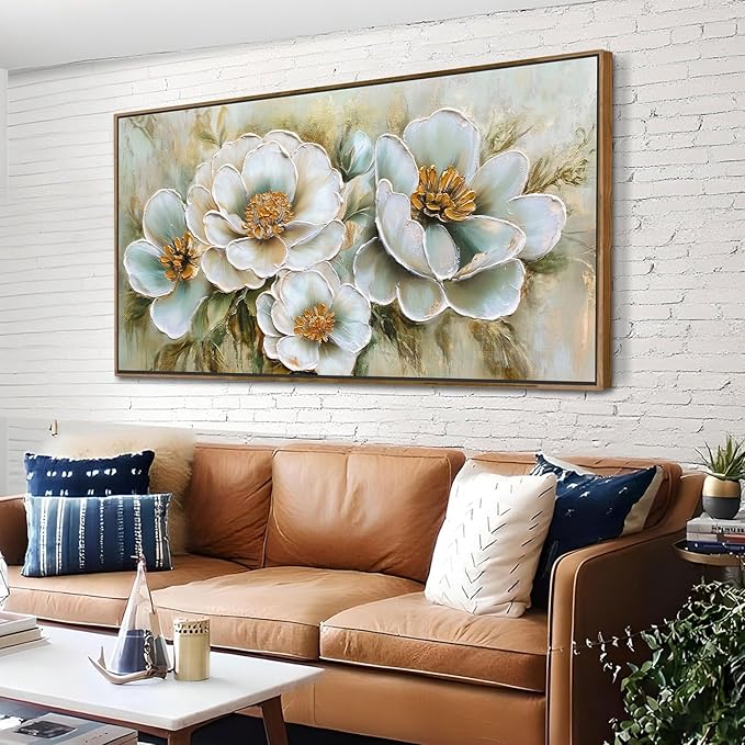 Arjun Framed Canvas Wall Art for Bedroom, Vintage Gold Flower Painting Living Room Textured Floral Large Artwork Picture Dining Room Kitchen Home Office Wall Decor, 40"x20"
