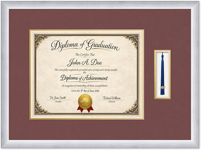 Diploma Frame with Tassel Holder 24.25 x 18 Stainless Silver Shadowbox Dark Red Over Gold Mat - Fits 14 x 11 Degree Made in the USA
