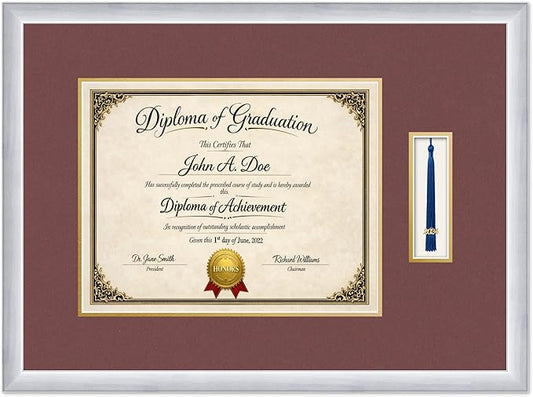 Diploma Frame with Tassel Holder 24.25 x 18 Stainless Silver Shadowbox Dark Red Over Gold Mat - Fits 14 x 11 Degree Made in the USA