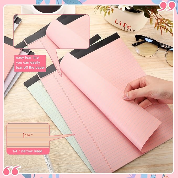 Fuutreo 8 Pcs 8.5'' x 11'' Colored Legal Pad 50 Sheets Per Writing Pads Narrow Ruled Notepad Perforated Writing Notepad Office Supplies for College Office Business (Sweet Color)