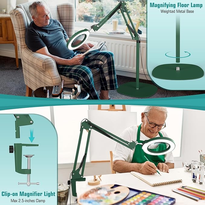 10X Magnifying Glass with Light and Stand, Real Glass Lens (Not Acrylic), 5 Color Modes, Stepless Dimmable, LED 3-in-1 Floor Lamp, Swing Arm with Clamp, Lighted Magnifier Hands Free for Crafts - Green
