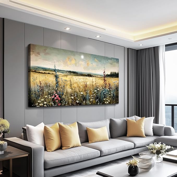 KELIYUAN Wall Art living Room Natural Field Landscape Painted Decor Vintage Meadow Wildflowers Modern Printed Artwork Bedroom Farmhouse Restaurant Office Home Decor Can Be Hung Directly 24x48 In