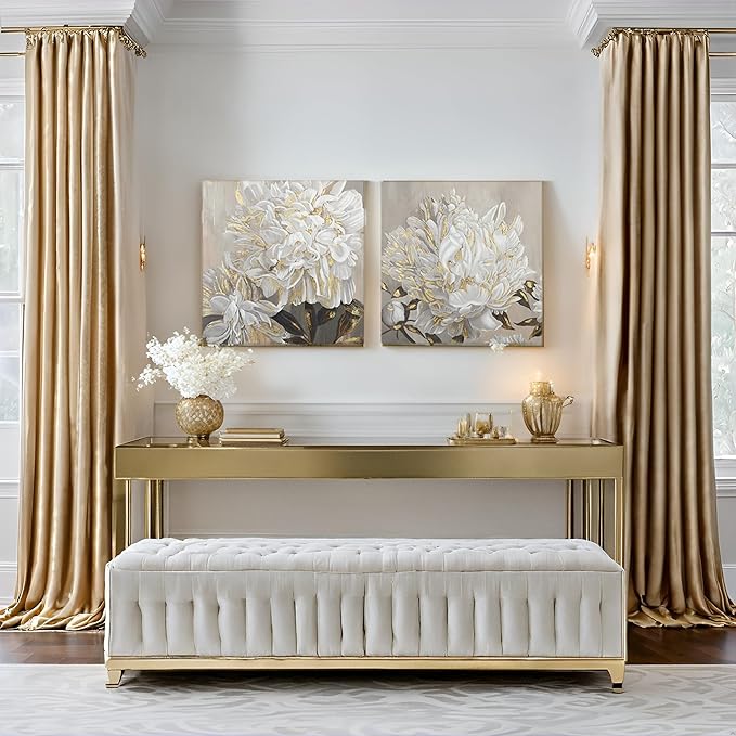 Goldfoilart Flower Wall Art Floral Decor Modern White Blooming Pictures with Gold Foil Paintings Framed Artwork for Living Room Bedroom Kitchen Decorations 24" x 24" x 2 Pcs