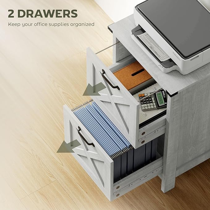 HOMCOM 2 Drawer Vertical File Cabinet with Silent Slides, Rustic Farmhouse Filing Cabinet with Barn Doors for A4/Letter Size, Printer Stand with Storage for Home Office, Distressed Light Gray