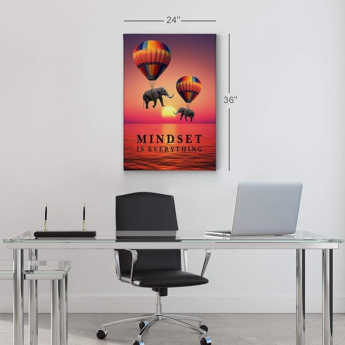 Smile Art Design Mindset is Everything Elephant with Balloon Sunset View Motivational Wall Art Canvas Print Inspirational Entrepreneur Quote Modern Office Decor Artwork Gift Ready to Hang 28x19