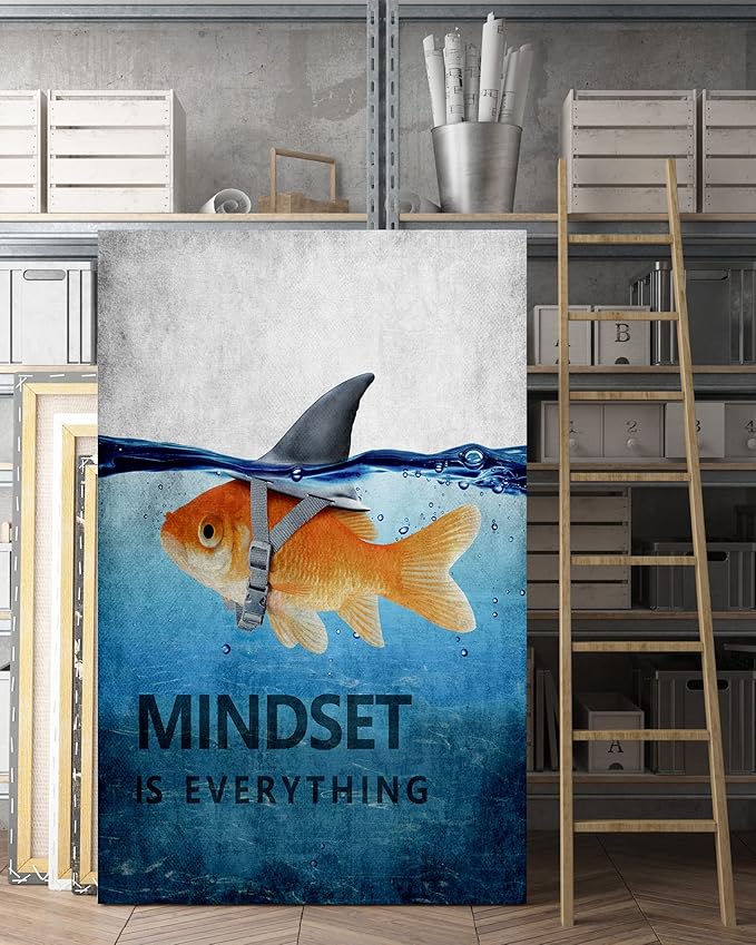 Office Inspirational Wall Art Mindset is Everything Entrepreneur Motivational Quotes Canvas Painting Goldfish Pictures Wall Decor Artwrok Ready to Hang for Office Home Decoration - 28''Wx44''H