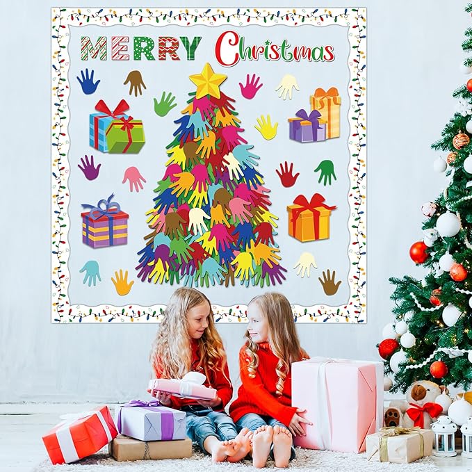Christmas Bulletin Board Decoration Set Xmas Tree Handprint Name Tags Cutouts for Xmas Holiday Bulletin Board Decor Craft Home Wall(Merry Christmas)