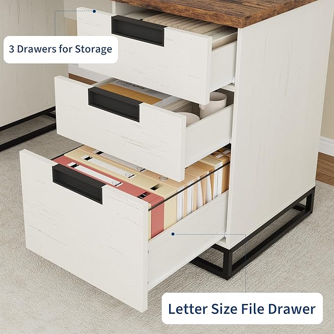 Garvee 59 in Farmhouse Executive Desk, Home Office Desk with File Drawer and Storage Cabinet, Wooden Computer Table with 3 Drawers for Work and Study ，White+Vintage/Black