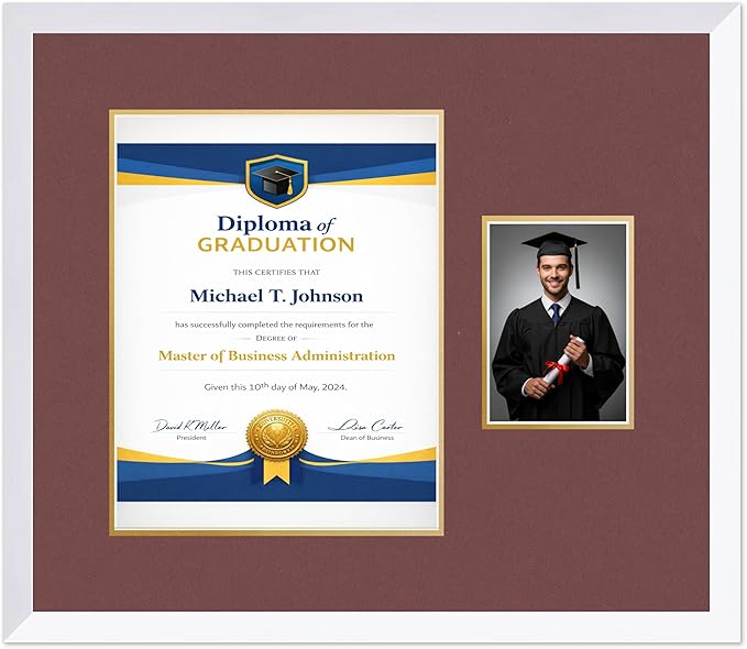 Diploma Frame With Photo Opening Bright White Dark Red Over Gold Mat - Fits 11 x 14 Degree and Picture Made in the USA