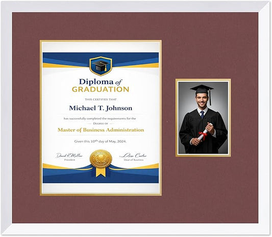 Diploma Frame With Photo Opening Bright White Dark Red Over Gold Mat - Fits 11 x 14 Degree and Picture Made in the USA