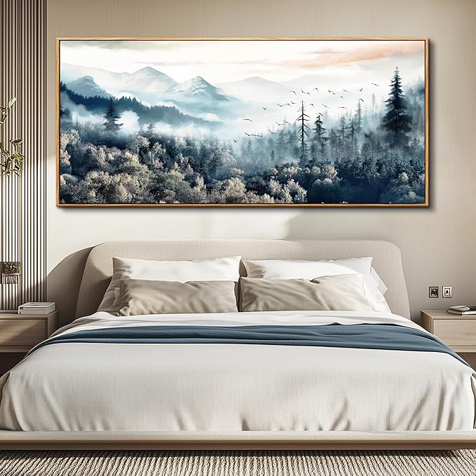 hyidecorart Framed Large Canvas Wall Art, Wall Decor For Living Room Modern Bedroom Home Decoration Forest Landscape Wall Paintings Mountain Pictures Office Stretched Nature Scenery Abstract Artwork