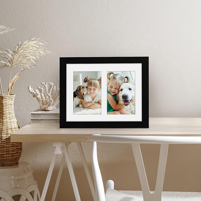 Americanflat 4x6 Double Picture Frame with Shatter-Resistant Glass - Fits Two 4x6 Photos or Use as One 8x10 Picture Frame - Signature Collection - Collage Frames for Tabletop and Wall - Black