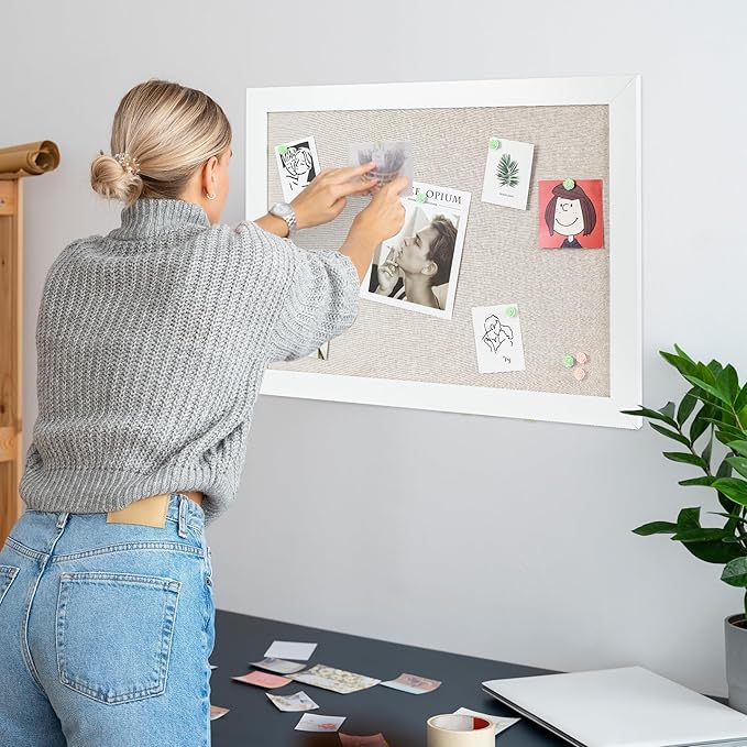 Board2by Farmhouse Linen Cork Bulletin Board 48 x 32, White Wood Framed 4 x 3 Corkboard, Office Board for Wall Decor, Large Pin Board Picture Board with 20 Pushpins for School, Home & Office