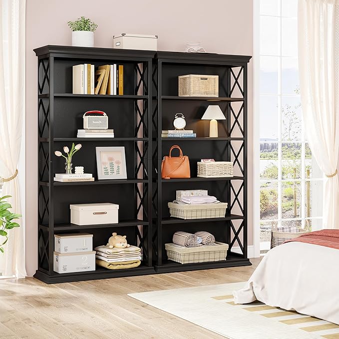 Tribesigns 6-Tier Bookcase Set of 2, 71 Inches Industrial Bookshelves and Bookcases, Floor Standing 5 Shelf Display Storage Shelves Tall Bookcase for Home Office, Living Room, Bed Room, Black
